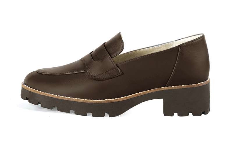 Dark brown women's casual loafers. Round toe. Low rubber soles. Profile view - Florence KOOIJMAN